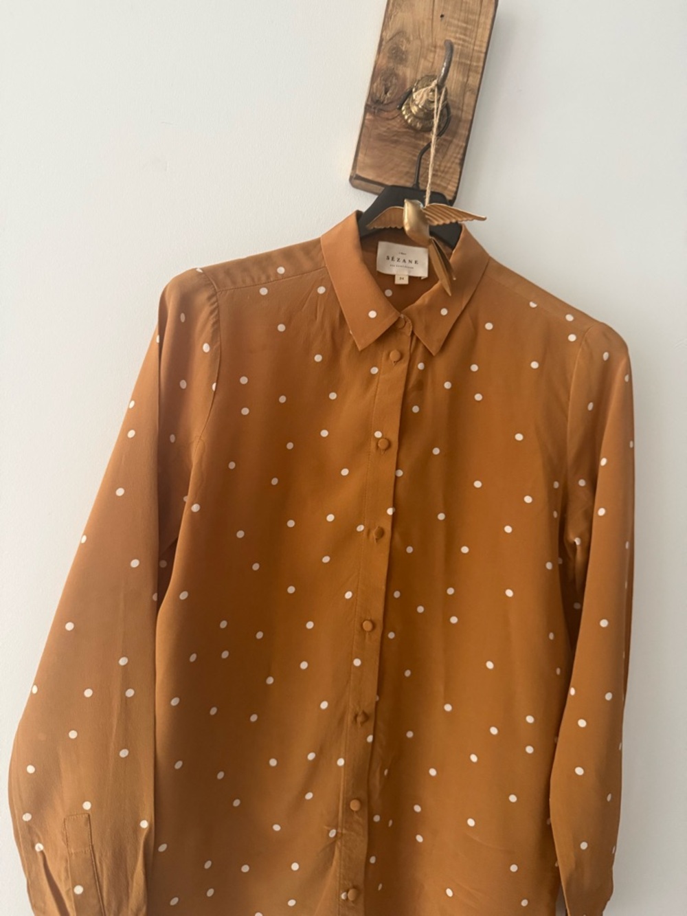 Sézane Silk Rust Polka Dot Button-Up Blouse (34)